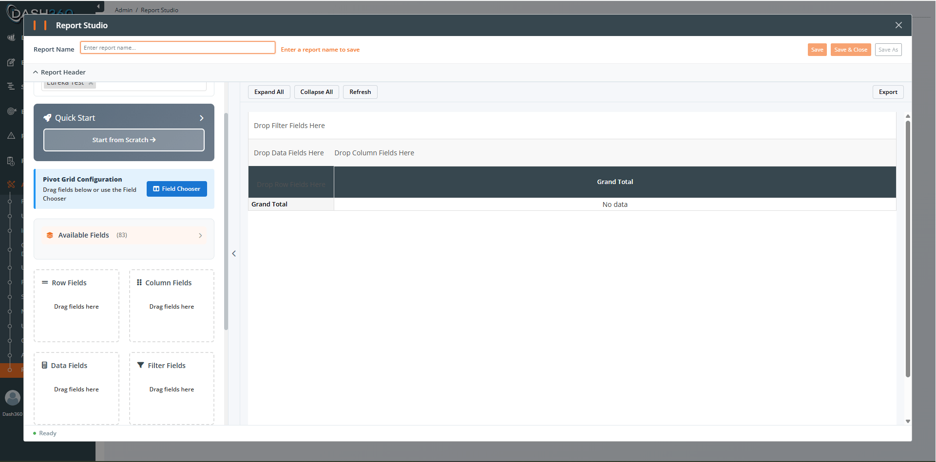 Pivot Field Manager showing the Row, Column, Data, and Filter zones with fields placed