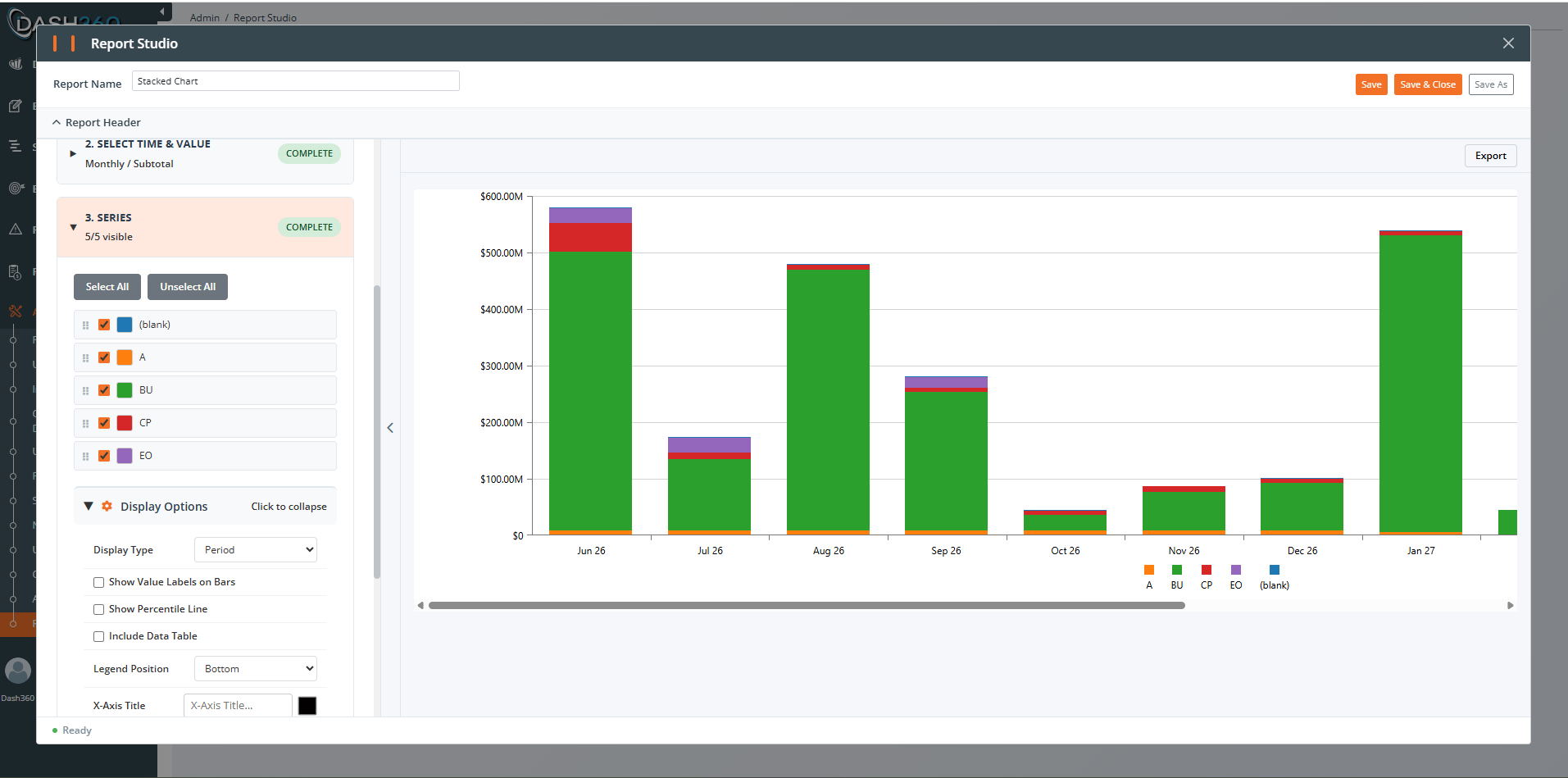 Stacked Bar setup: time period with Smart Monthly controls and the Step 3 display options