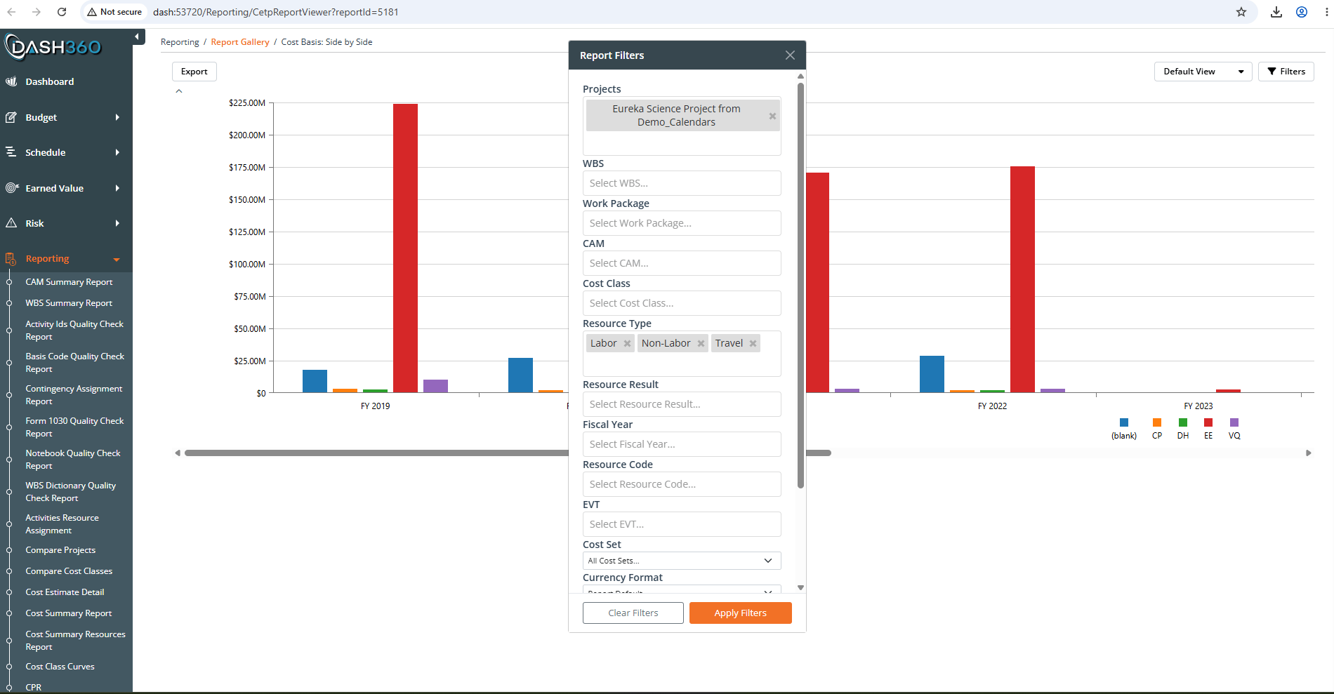 The report filter bar with several filters applied