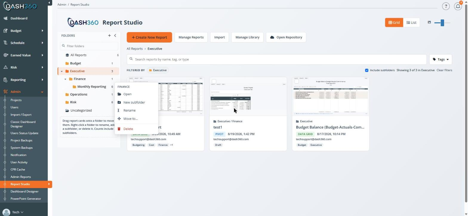 Folder context menu in the Report Studio rail