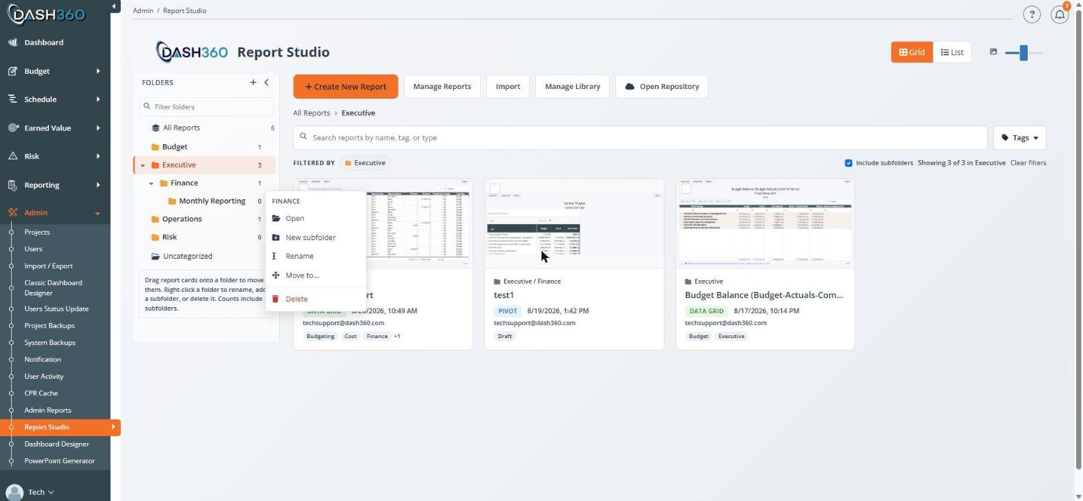 Folder context menu in the Report Studio rail