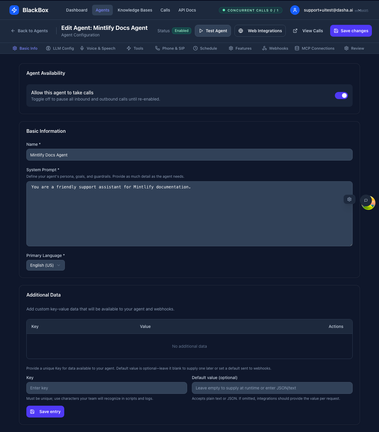Basic Info tab with name, language, and system prompt fields