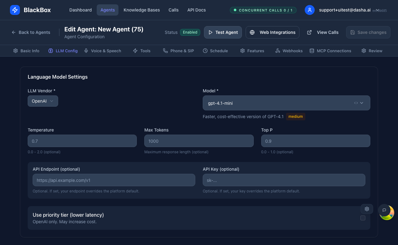 LLM Configuration tab showing vendor selection and model options