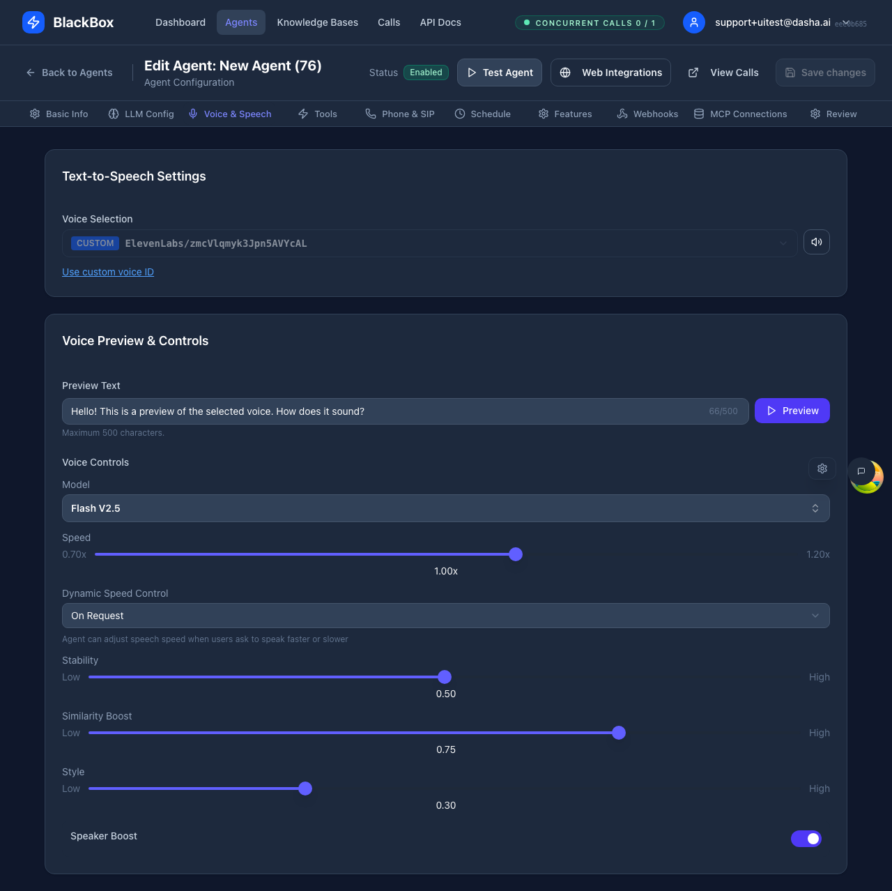 Voice & Speech configuration with provider and voice selection