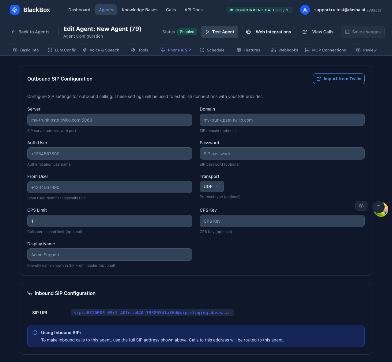 Phone & SIP configuration panel