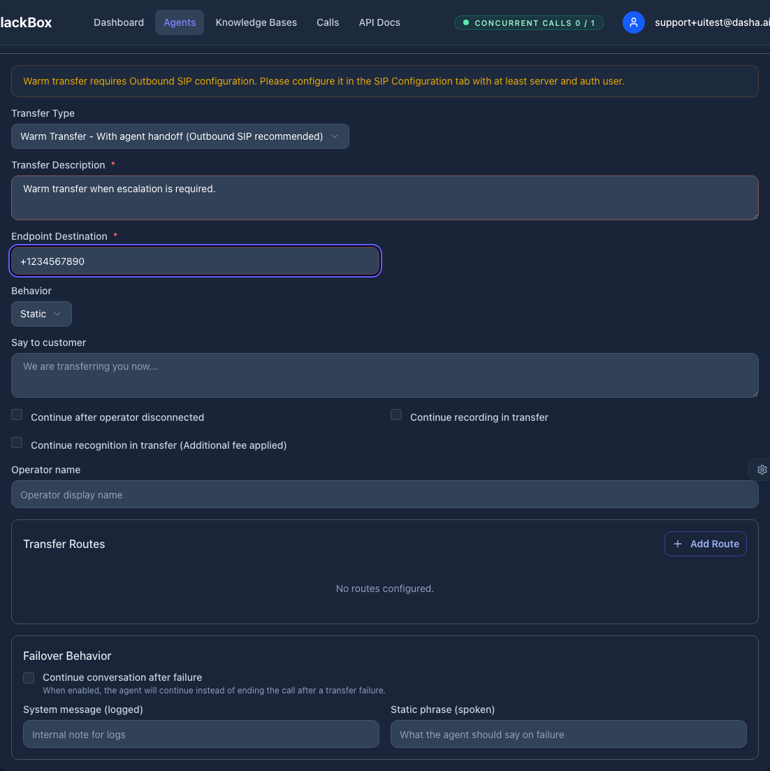 Call Transfer configuration in Features tab