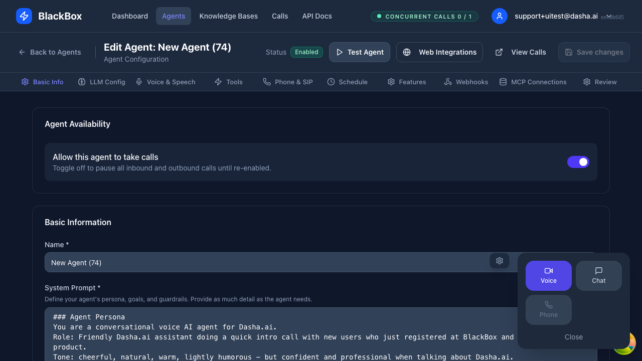 Test widget showing conversation interface