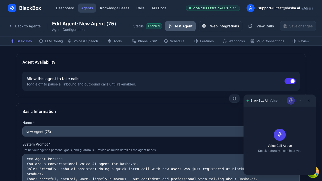 Dashboard test widget with voice interaction controls