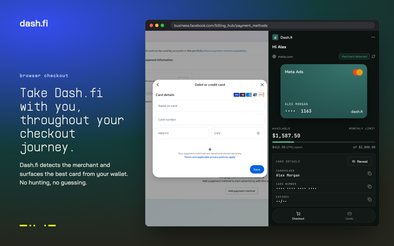 The Dash.fi extension panel open beside a checkout form, showing a detected merchant, the recommended Meta Ads card, its available balance against the monthly limit, and card details ready to fill.