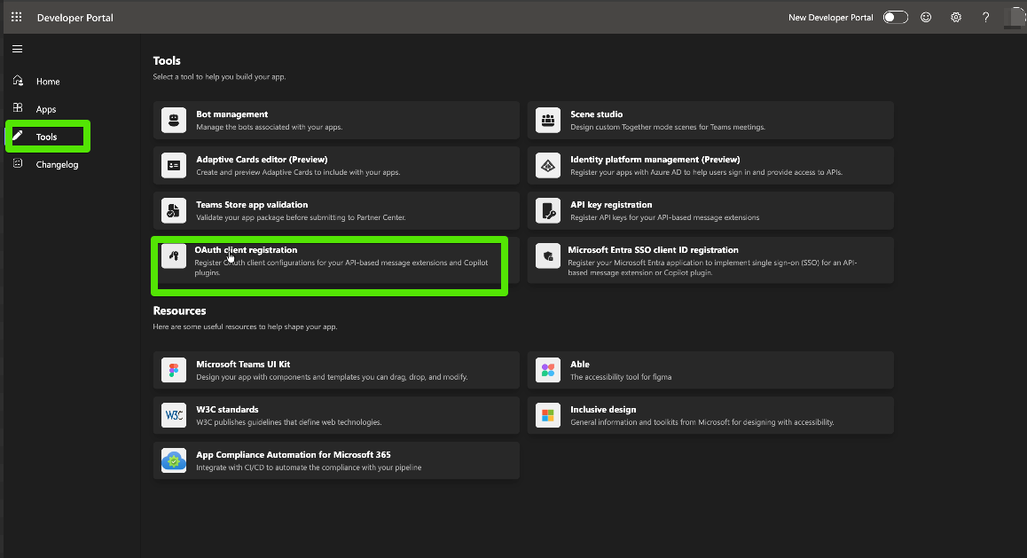 Teams Developer Portal OAuth client registration