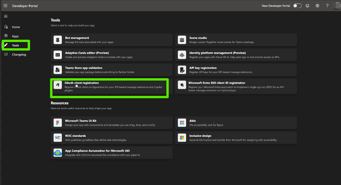 Teams Developer Portal OAuth client registration