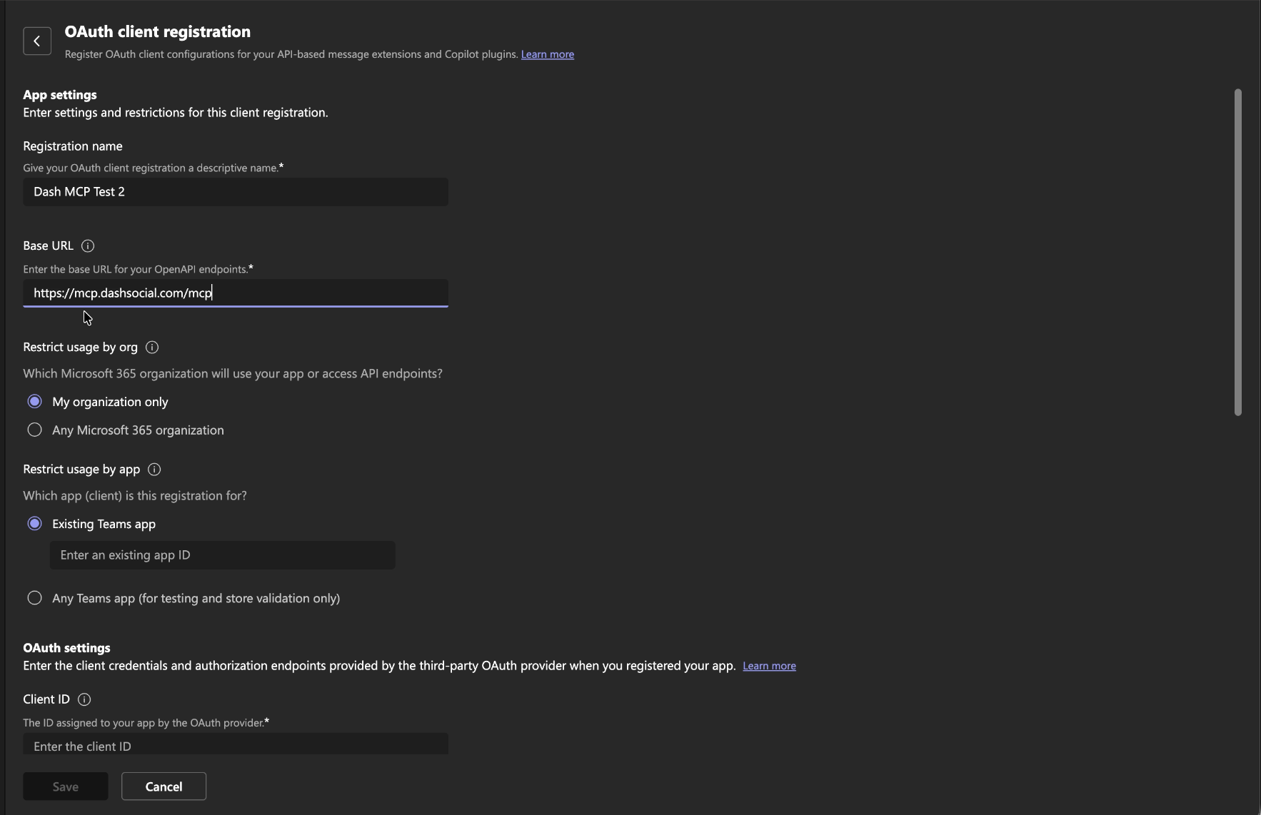 Server URL and organization scope