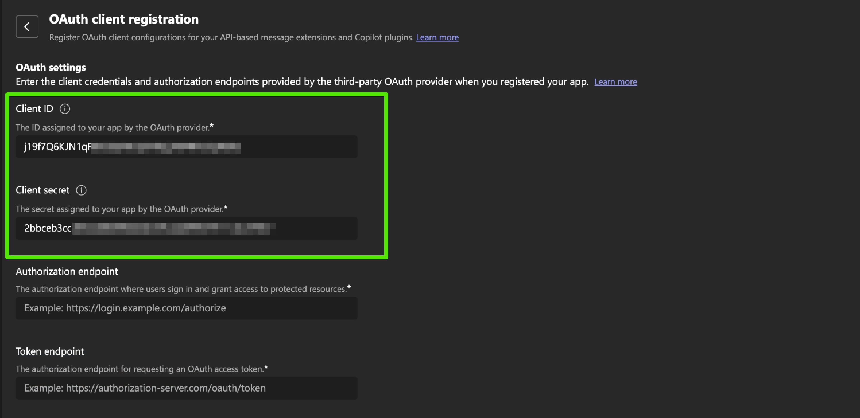Client ID and secret fields