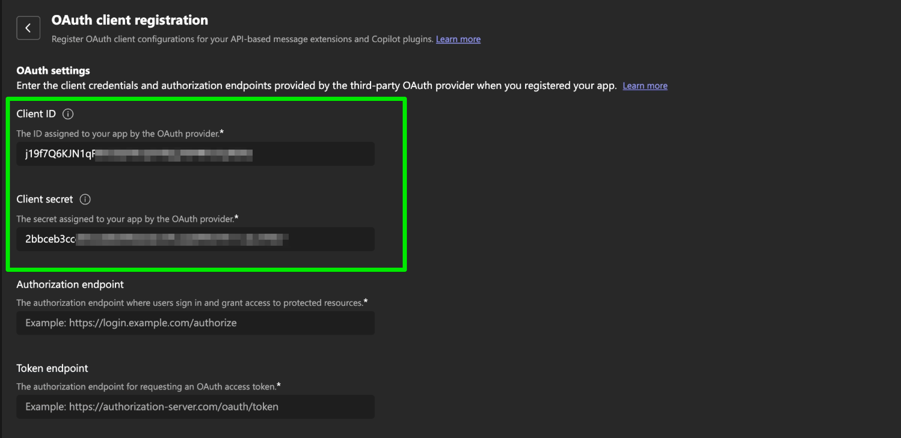 Client ID and secret fields