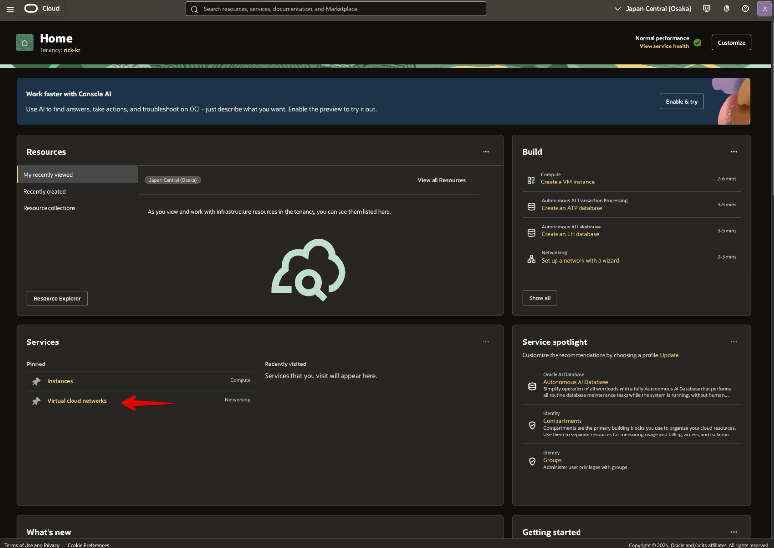Picture 1. OCI Home - enter Networking / Instances