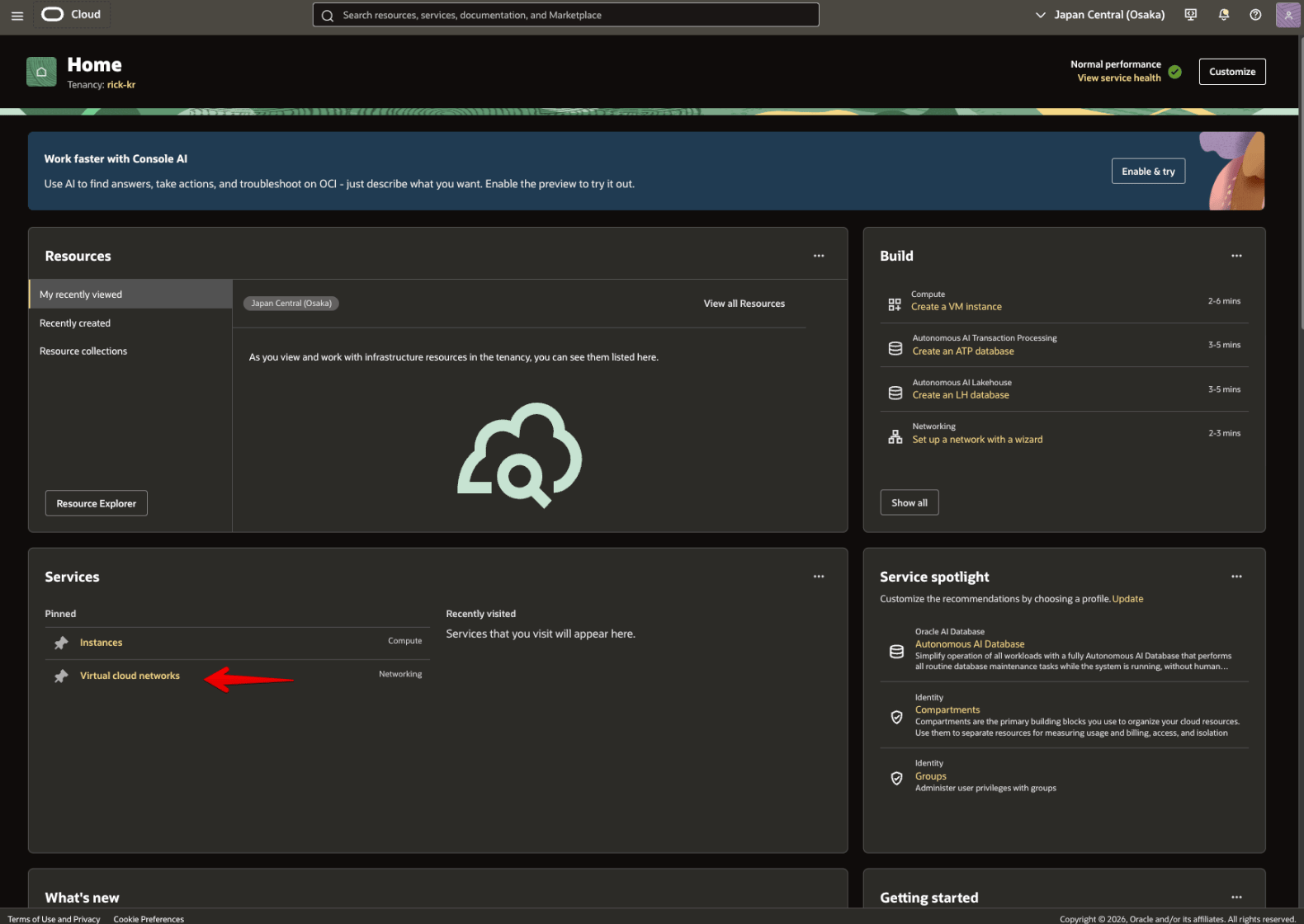 Picture 1. OCI Home - enter Networking / Instances