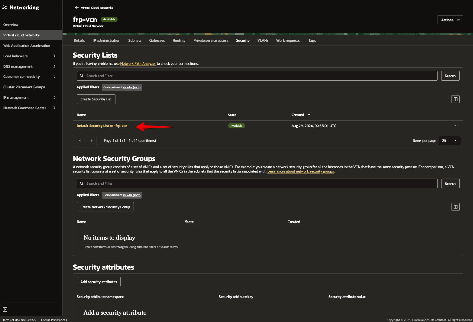 Picture 12. Open the VCN Security Lists page