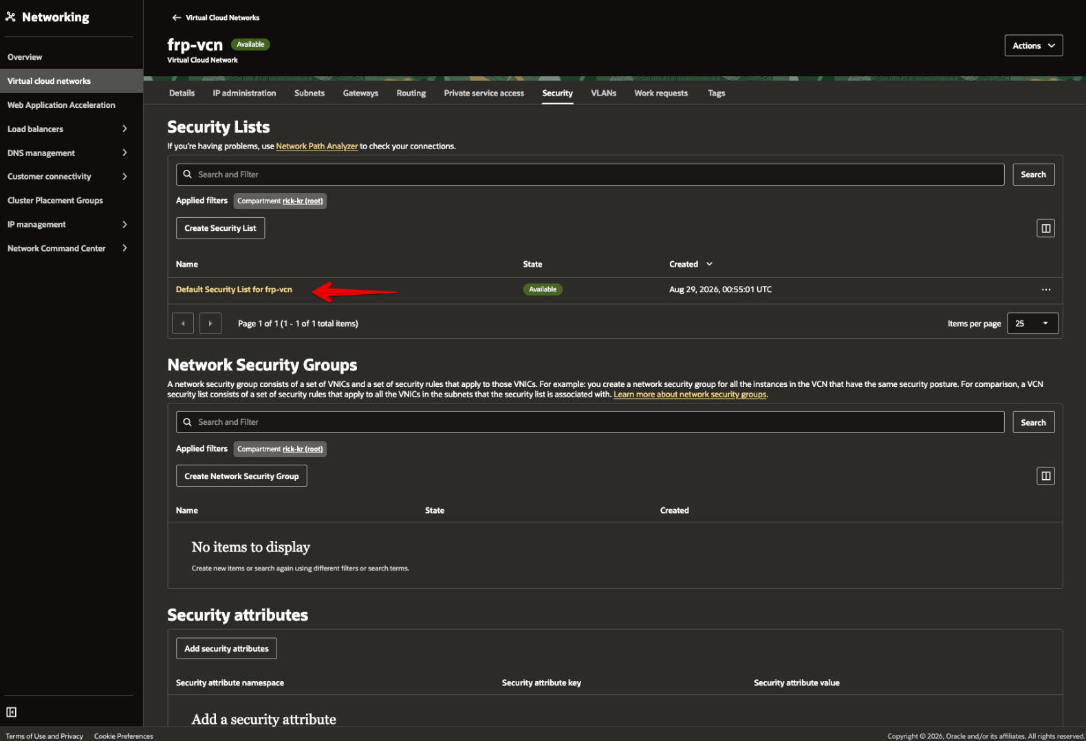 Picture 12. Open the VCN Security Lists page