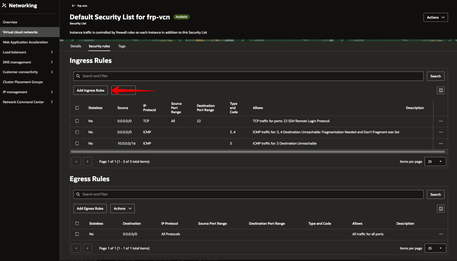 Picture 13. Review the Default Security List ingress rules