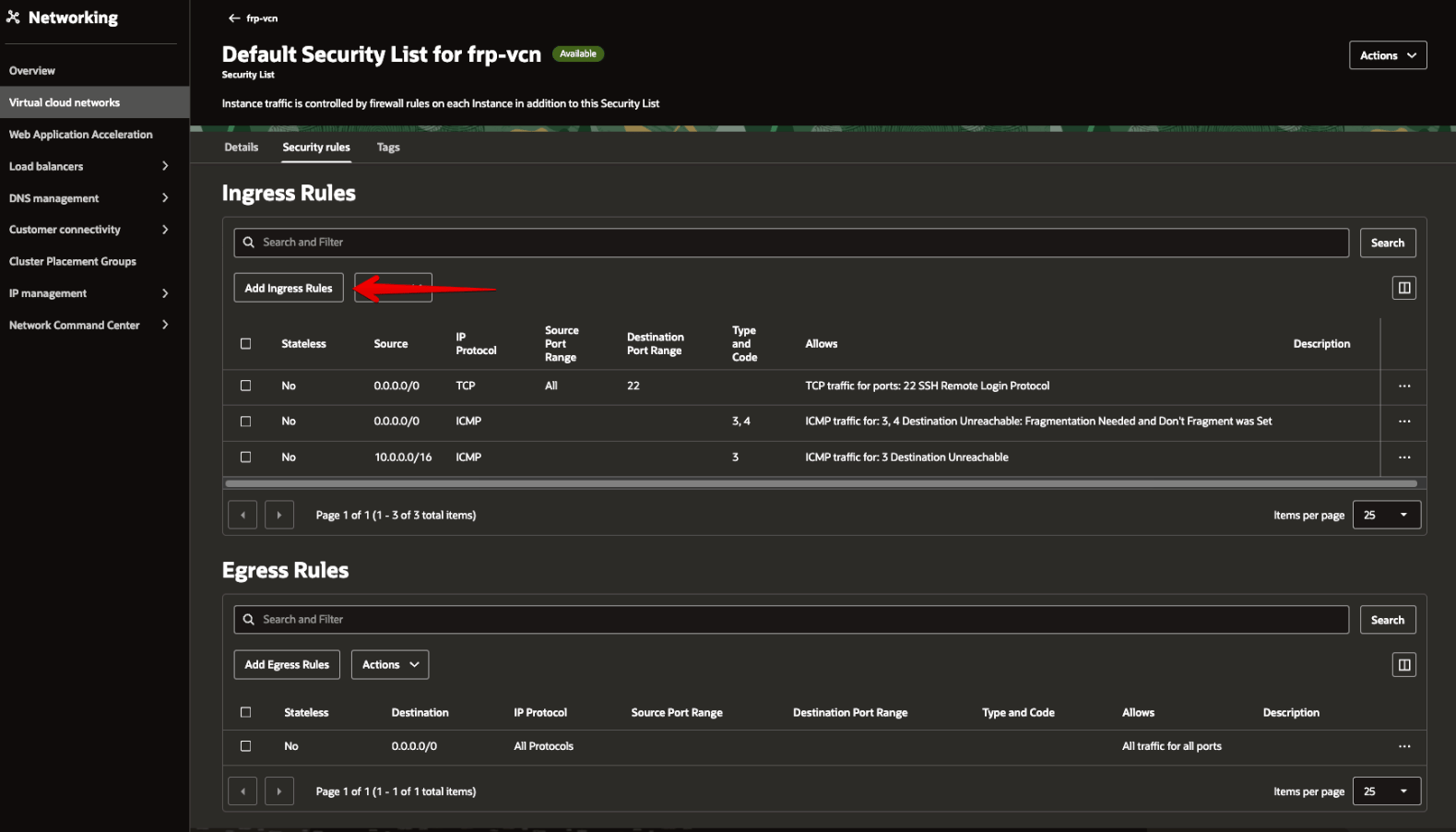 Picture 13. Review the Default Security List ingress rules