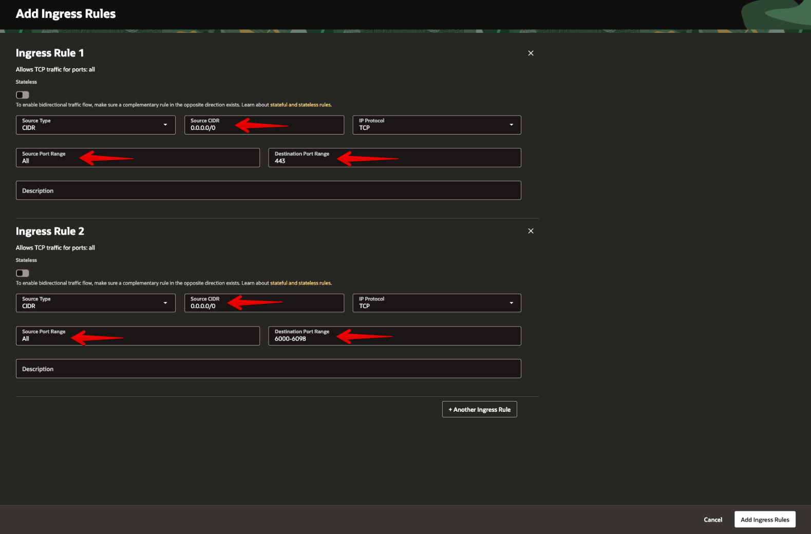 Picture 14. Add ingress rules for TCP 443 and TCP 6000-6098