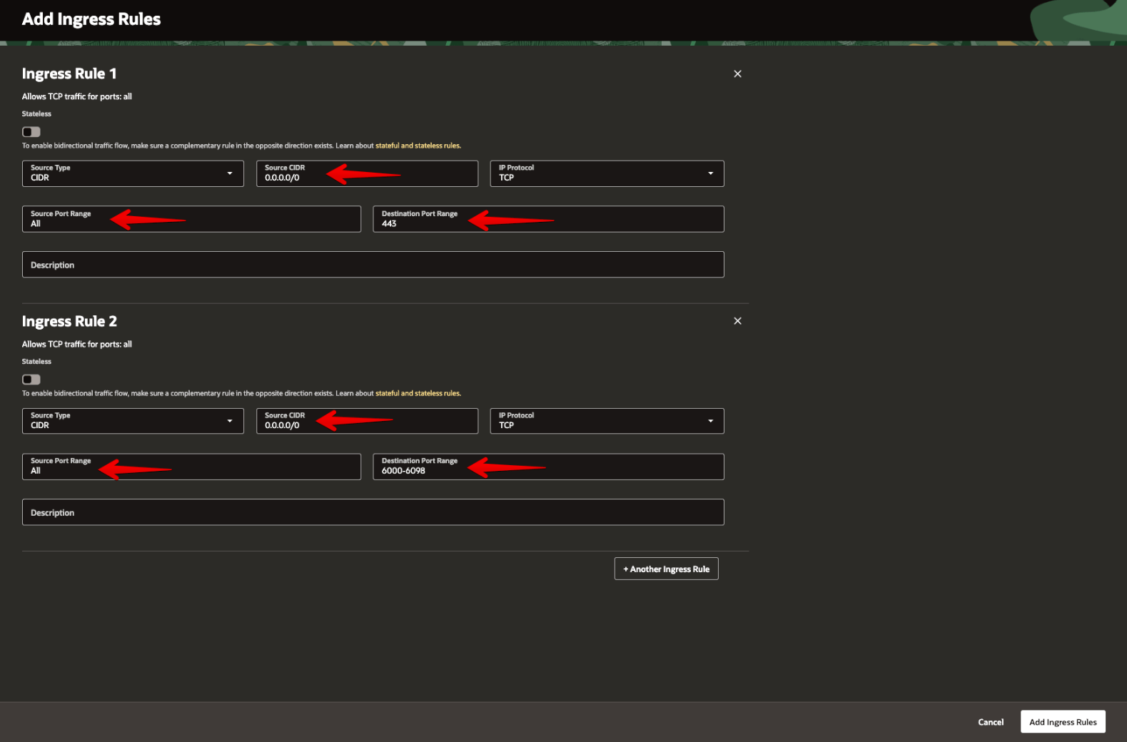 Picture 14. Add ingress rules for TCP 443 and TCP 6000-6098