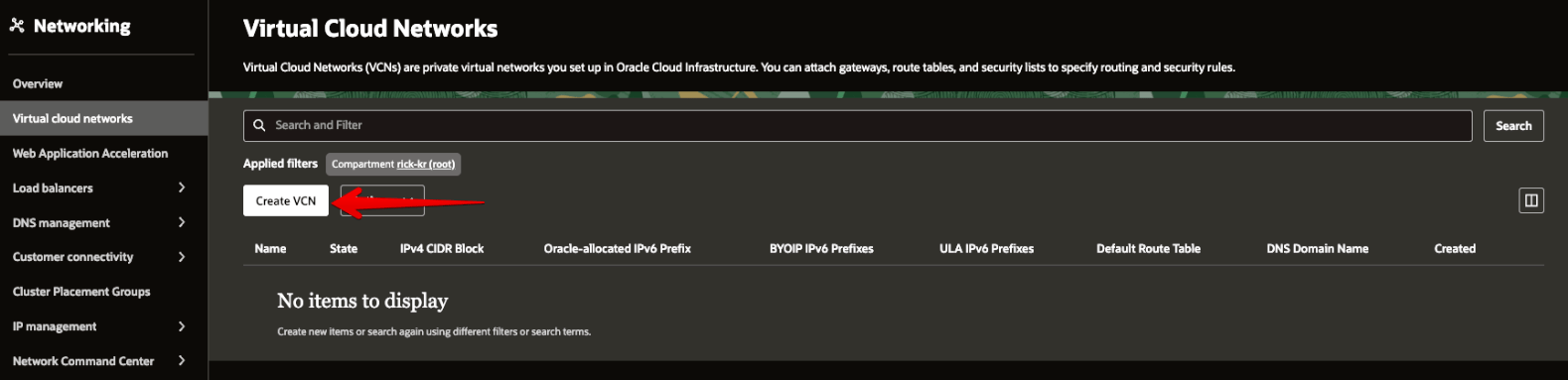 Picture 2. Select Create VCN in Virtual Cloud Networks