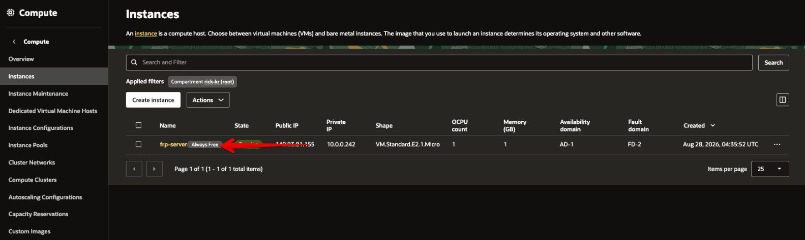 Picture 25. Confirm the Always Free indicator and select the created instance