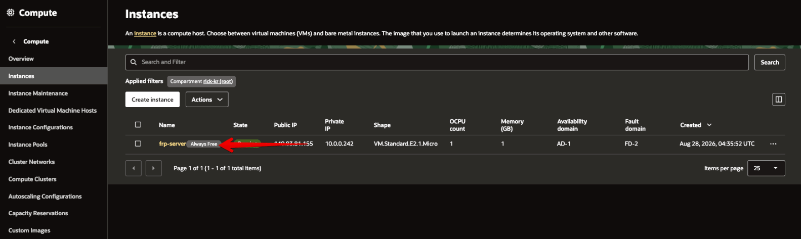 Picture 25. Confirm the Always Free indicator and select the created instance