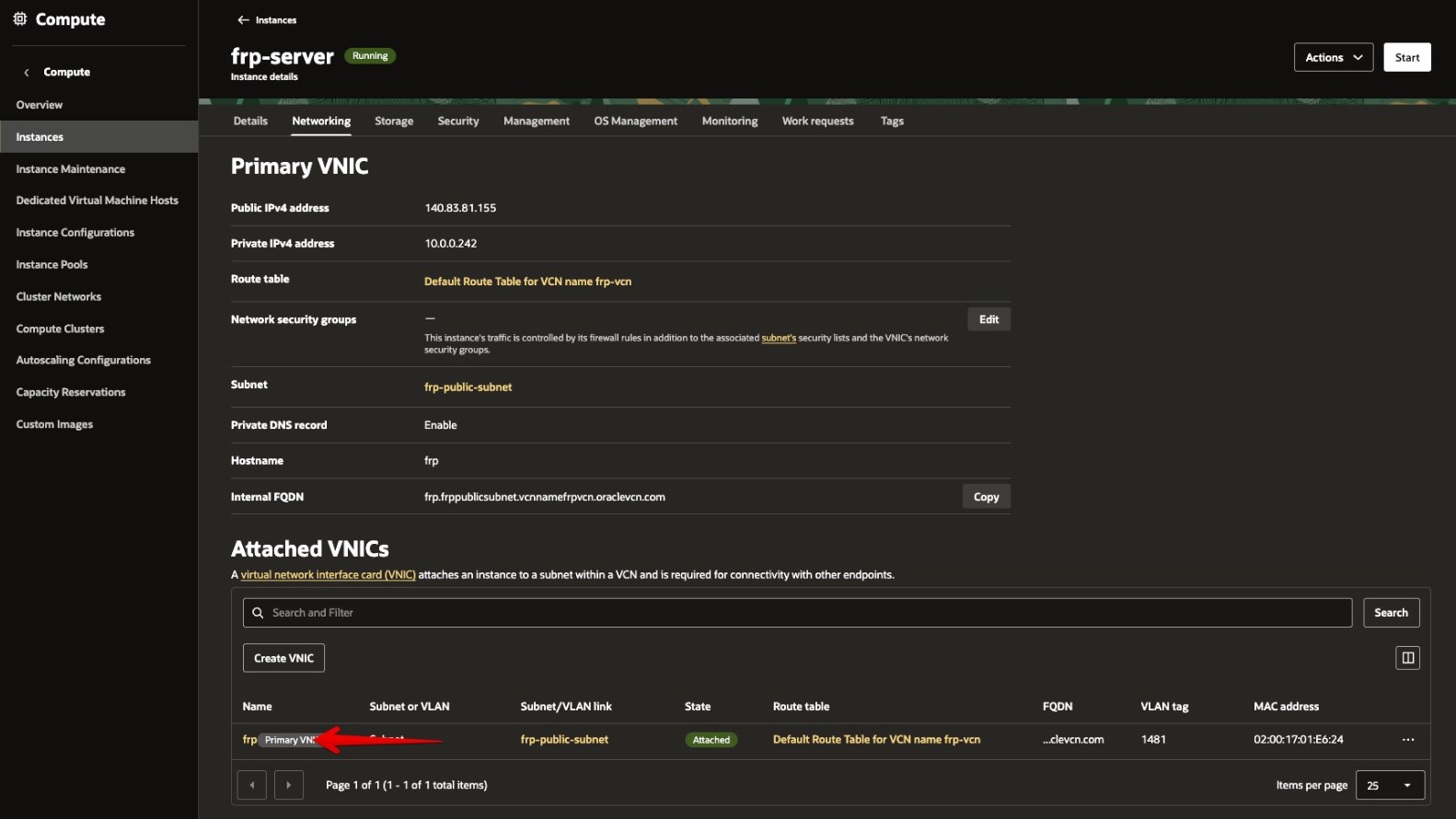 Picture 26. Open the instance Networking page and Primary VNIC