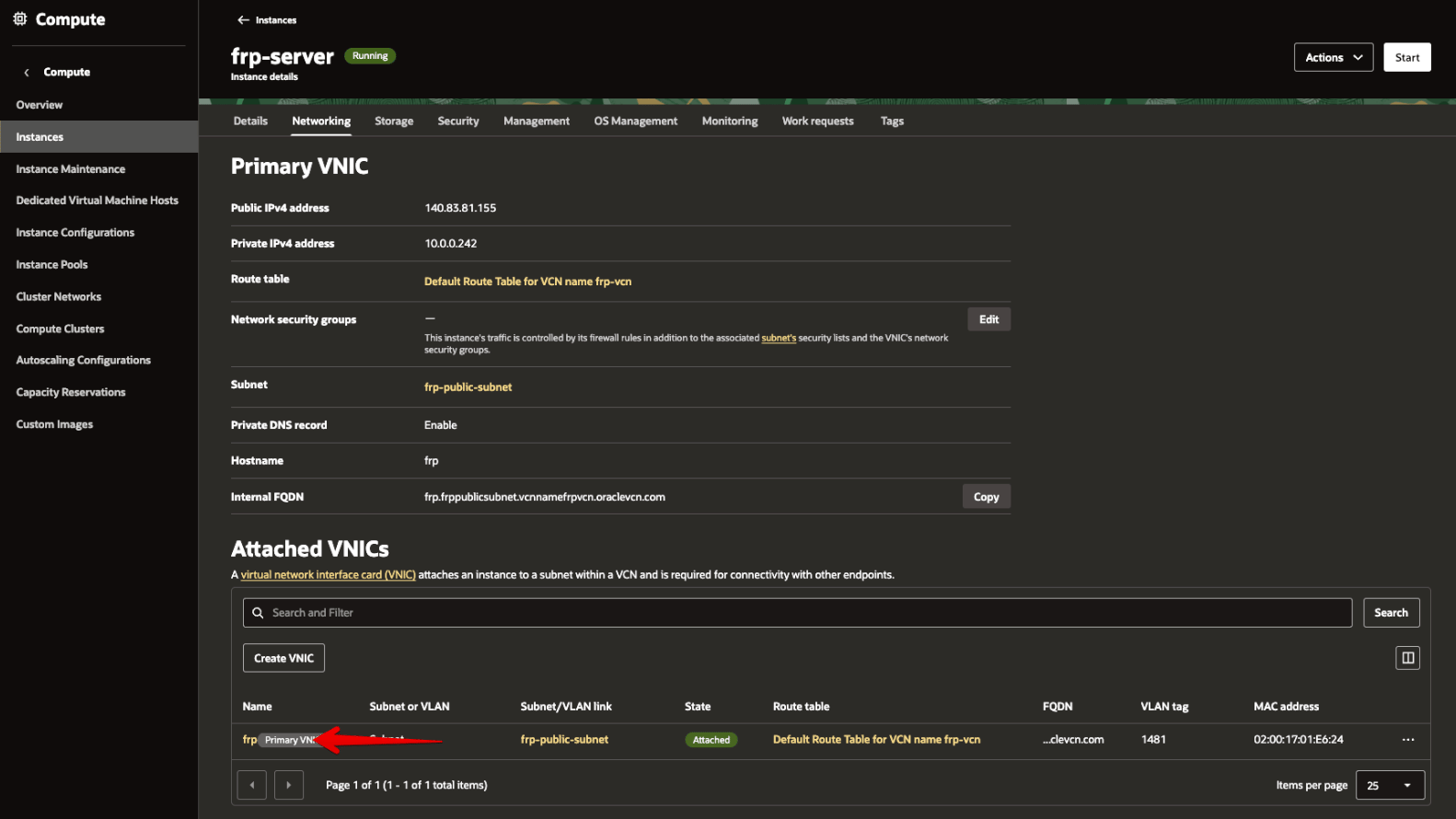 Picture 26. Open the instance Networking page and Primary VNIC