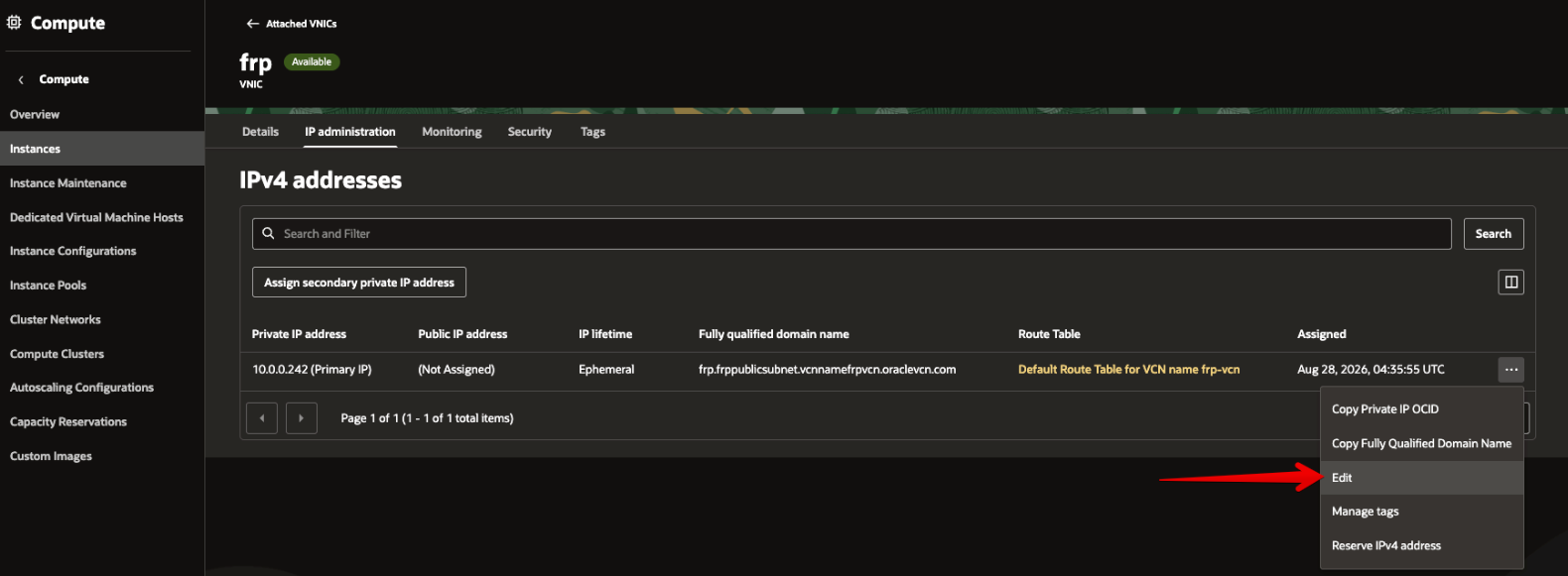 Picture 27. Open VNIC IP administration and the Primary Private IP