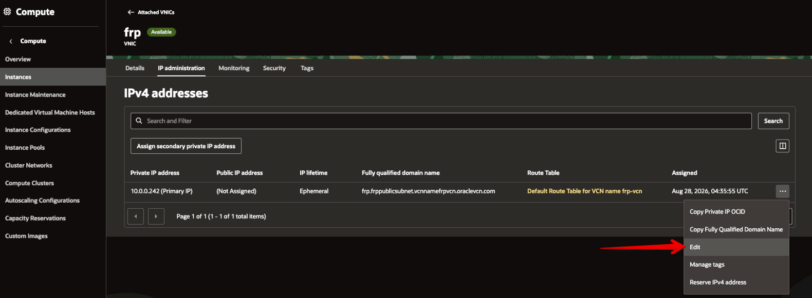 Picture 27. Open VNIC IP administration and the Primary Private IP