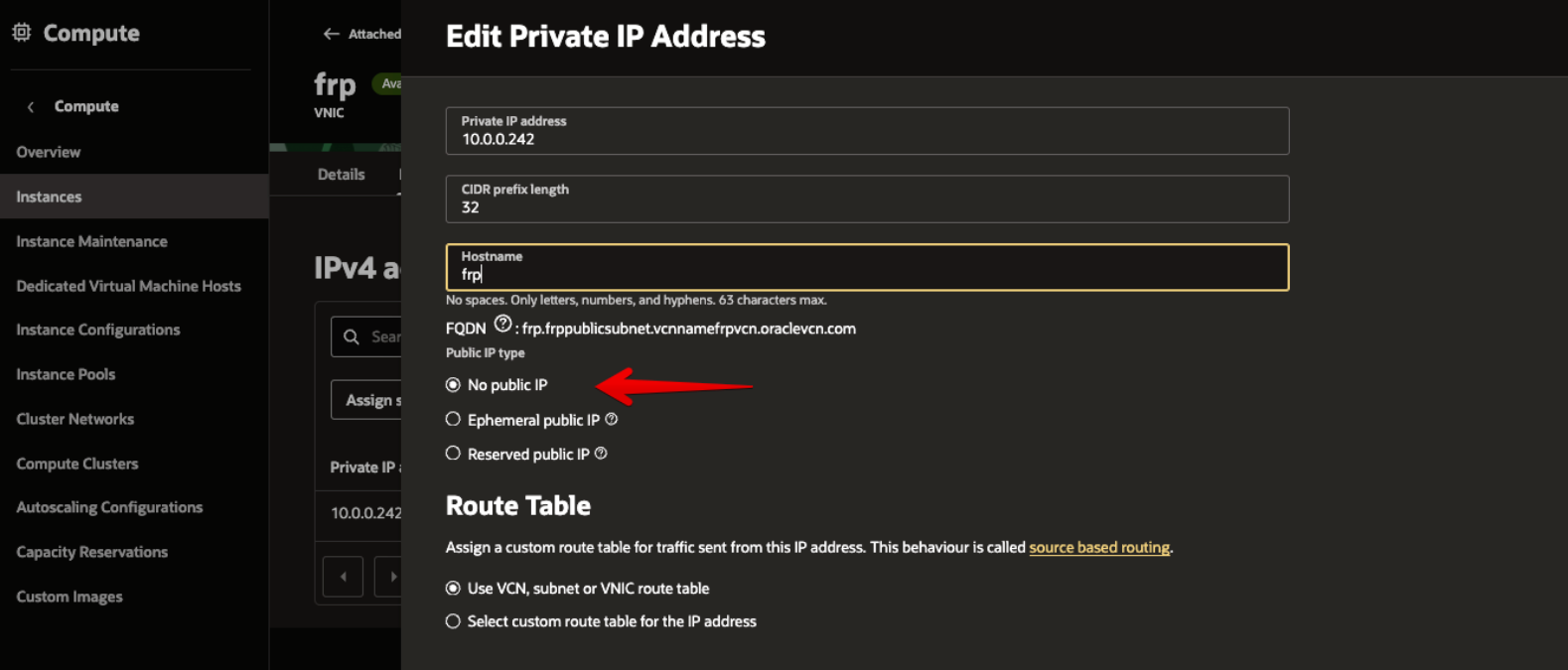 Picture 28. Select No public IP in Edit Private IP Address