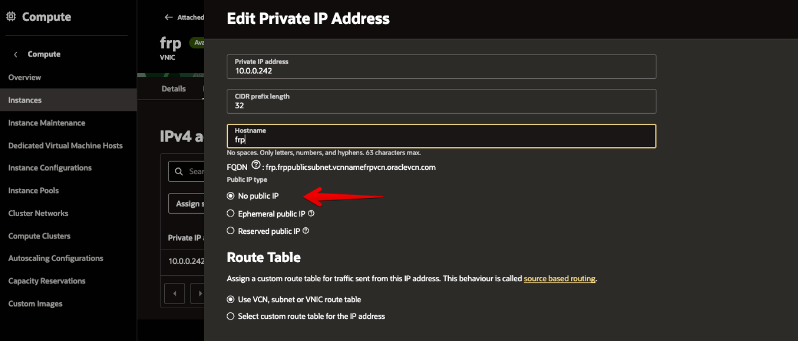Picture 28. Select No public IP in Edit Private IP Address