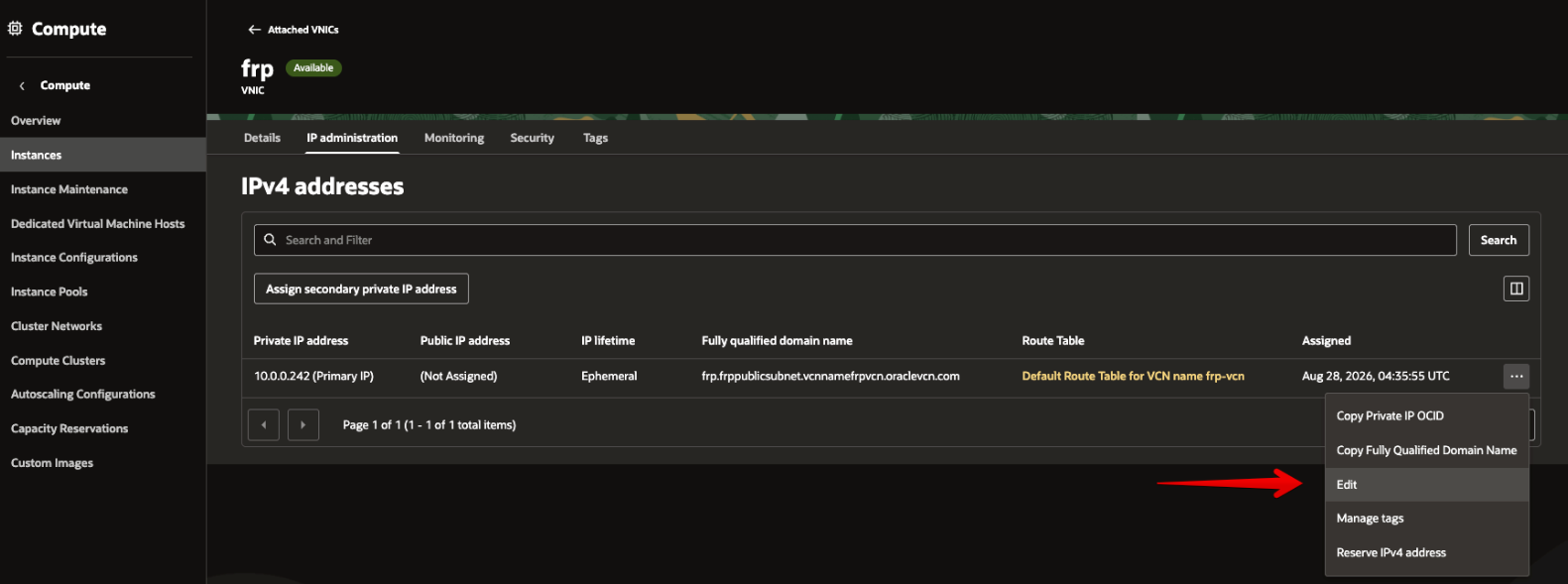 Picture 29. Confirm that the public IP is unassigned