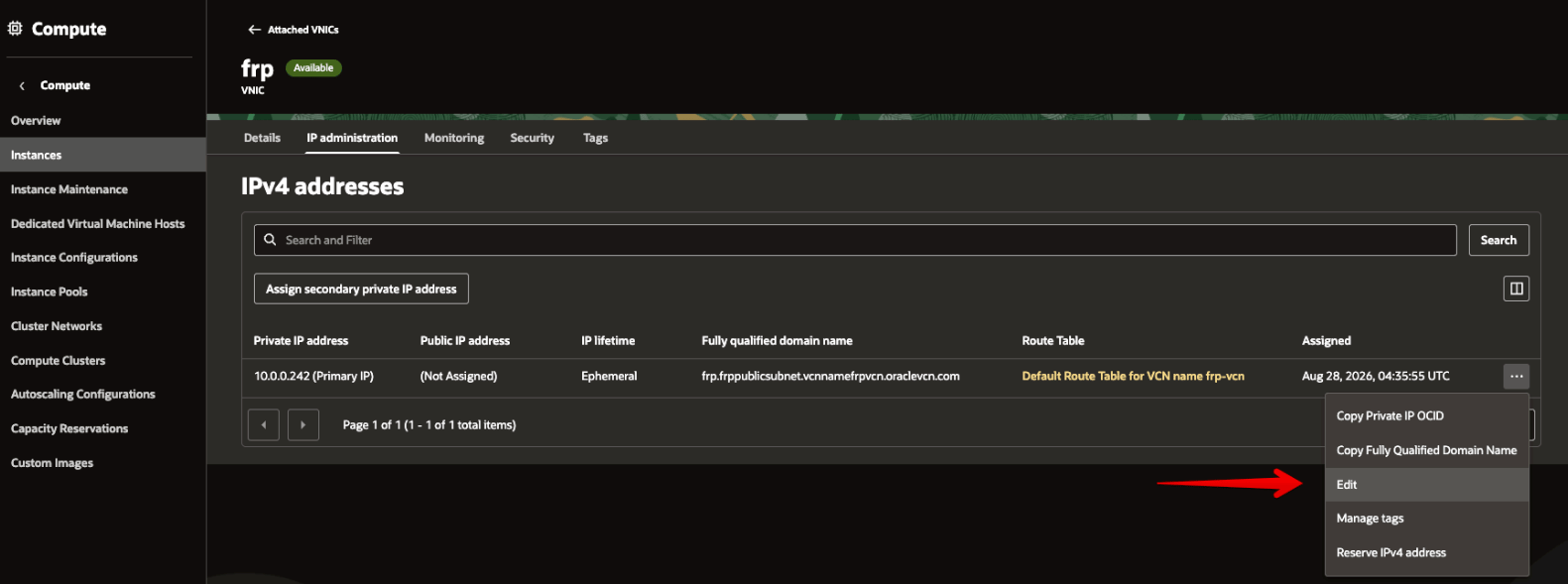 Picture 29. Confirm that the public IP is unassigned