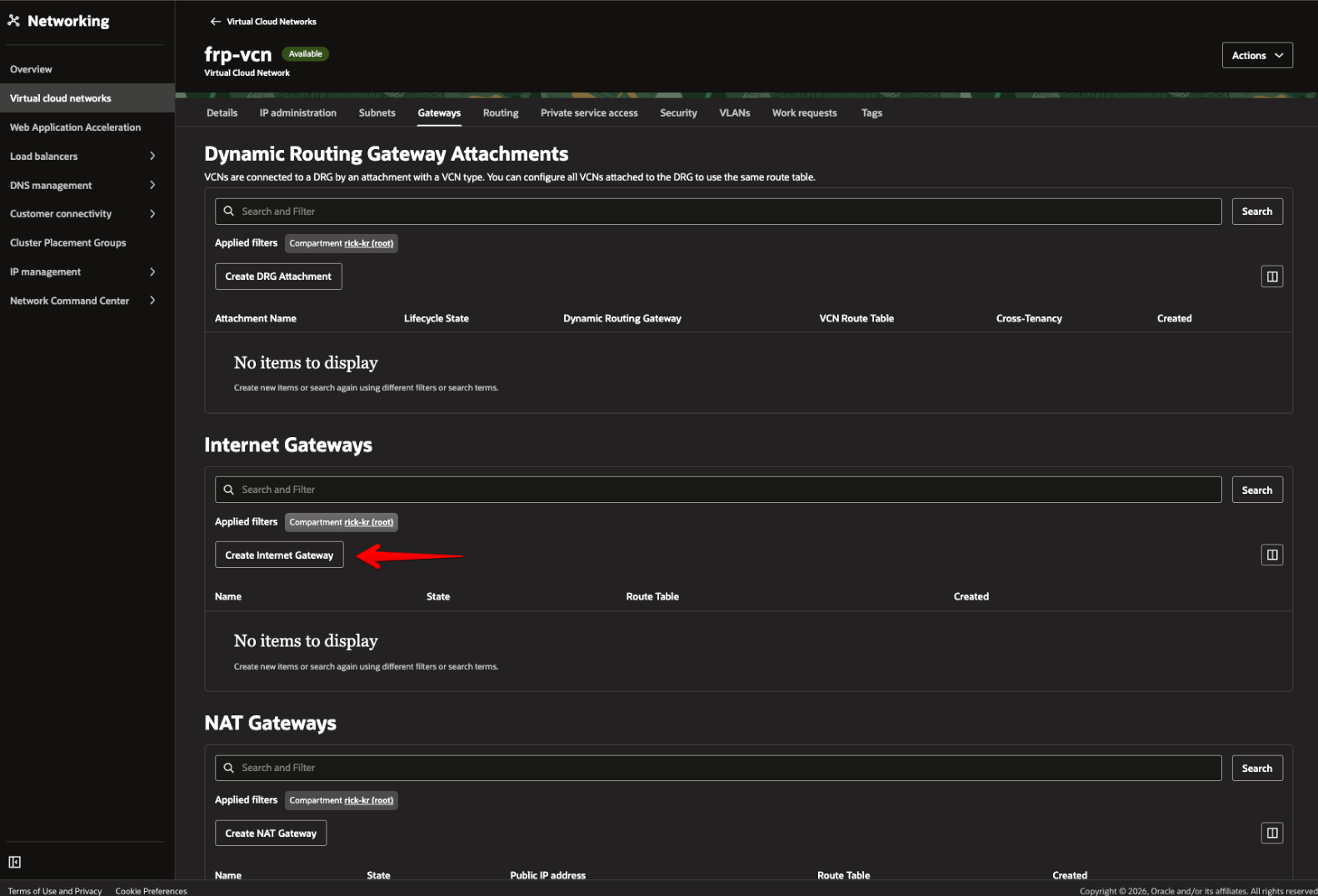 Picture 4. Create an Internet Gateway from the VCN Gateways tab