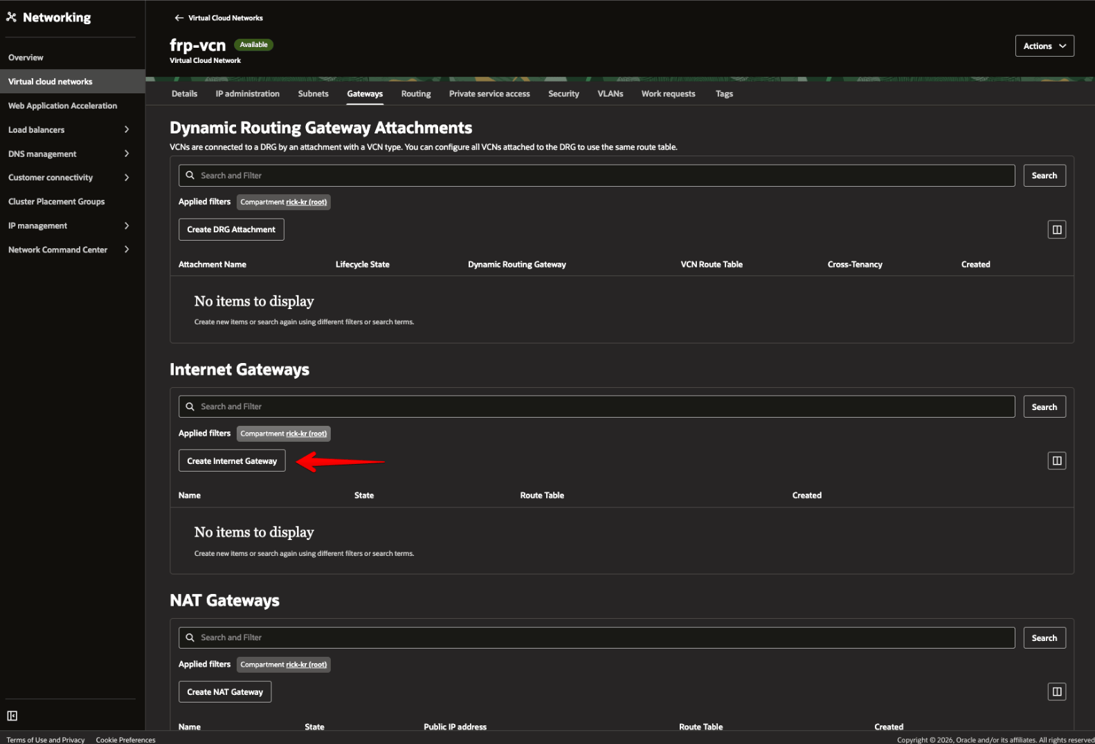 Picture 4. Create an Internet Gateway from the VCN Gateways tab