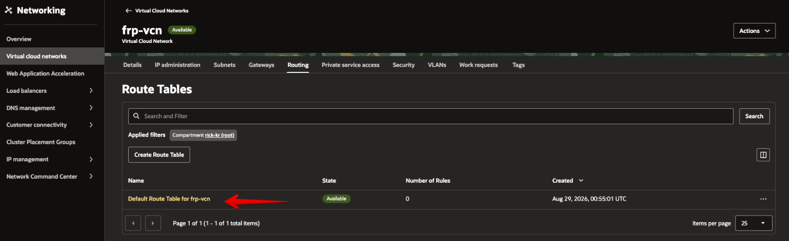Picture 6. Select the default route table from the VCN Routing tab
