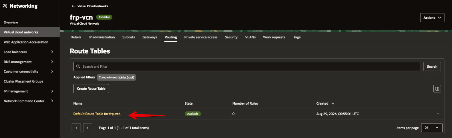Picture 6. Select the default route table from the VCN Routing tab