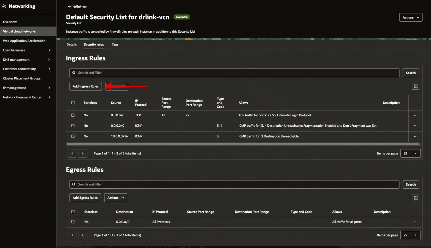 그림 13. Default Security List의 Ingress Rules