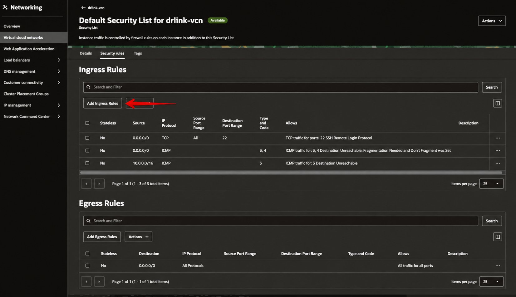그림 13. Default Security List의 Ingress Rules