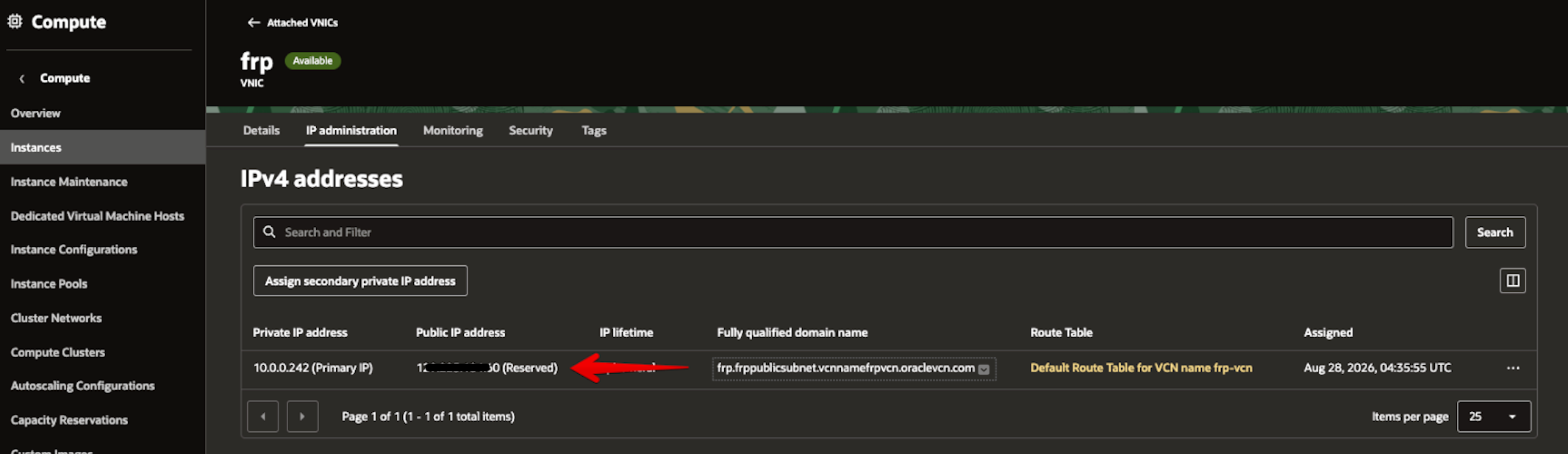 Picture 31. Confirm the Reserved Public IP is attached