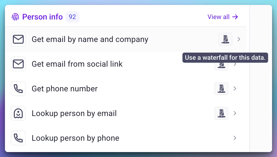 Enrichment categories showing waterfall icons next to categories that have waterfalls available