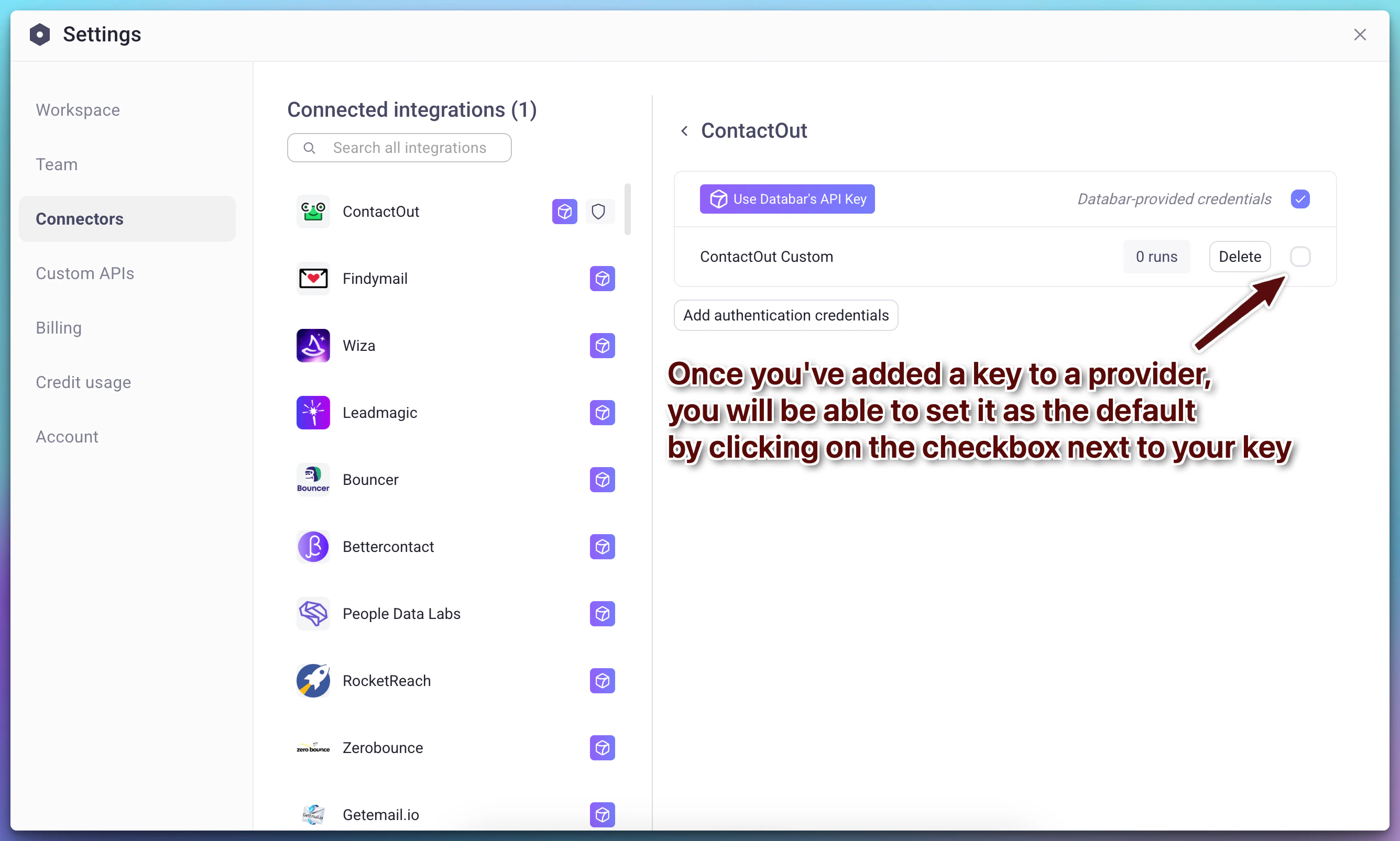 Manage Integrations page showing how to set a custom API key as the default for a provider