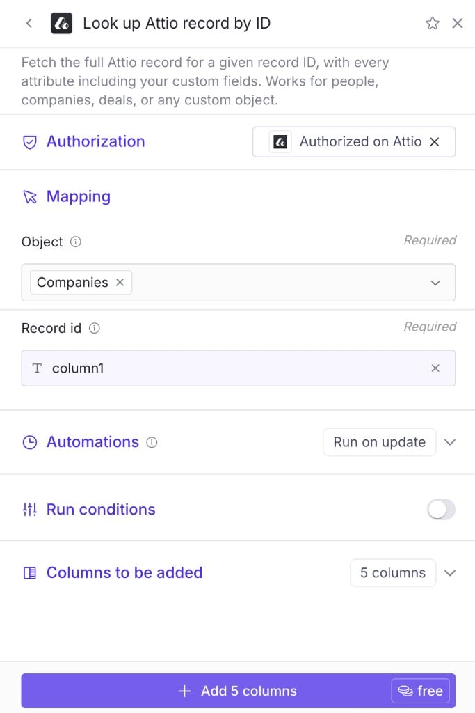 Look up Attio record by ID setup, with Object set to Companies and Record id mapped to a column