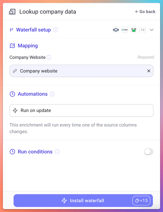 Lookup company data waterfall setup showing company website input, automation settings, and run conditions toggle