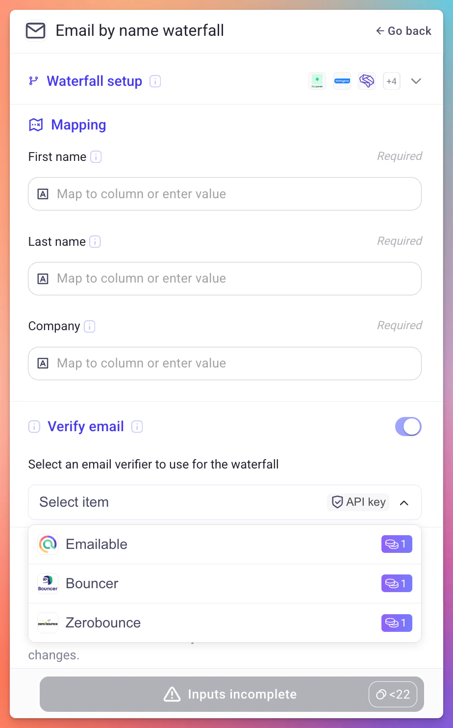 Email by name waterfall setup with first name, last name, and company inputs, and a verify email toggle with Emailable, Bouncer, and Zerobounce options