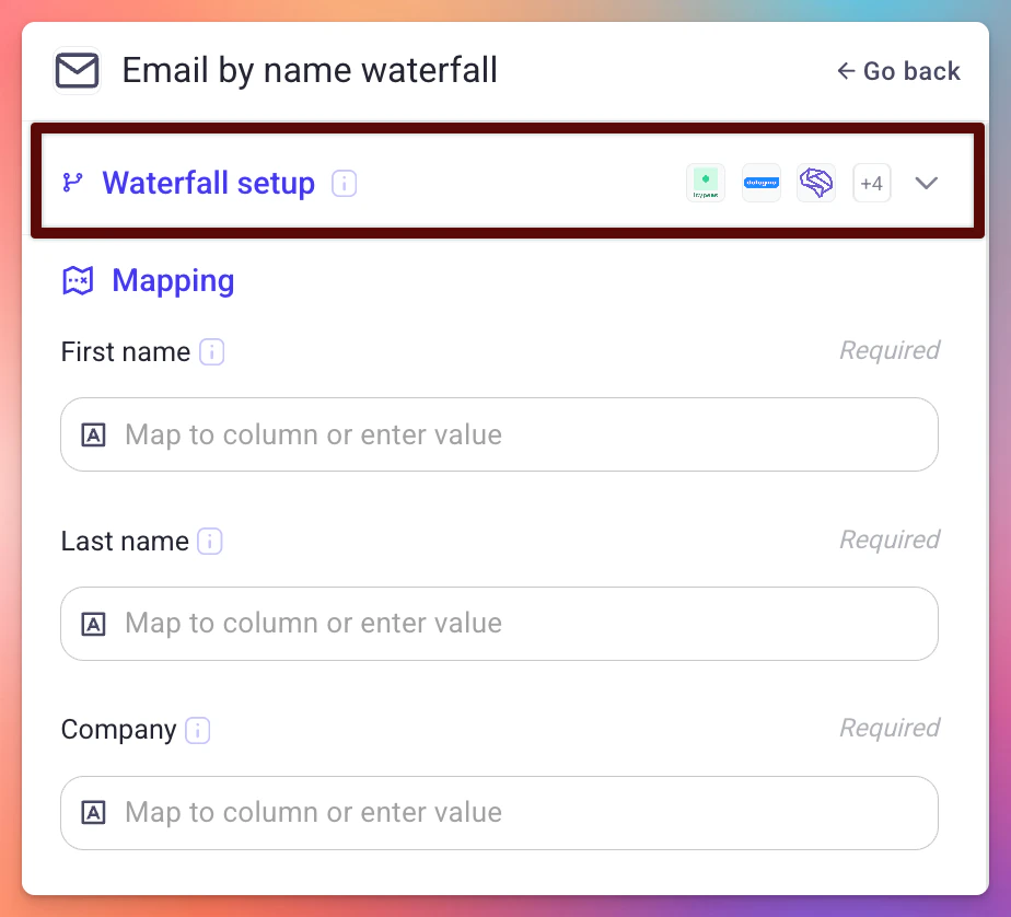 Waterfall setup section showing provider icons and mapping inputs